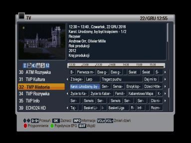 6.8 EPG Wciśnij przycisk EPG, aby wyświetlić elektroniczny przewodnik po programach. Przedziały czasowe przedstawione są w rzędzie, a lista kanału w kolumnie. 6.8.1 Program telewizyjny 1.