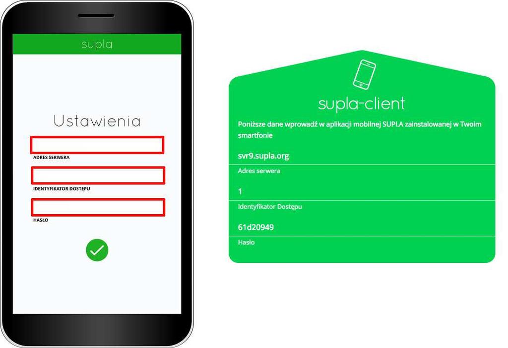 Po instalacji i uruchomieniu aplikacji, automatycznie zostaną wyświetlone ustawienia. Należy uzupełnić dane dostępowe do serwera SUPLA.