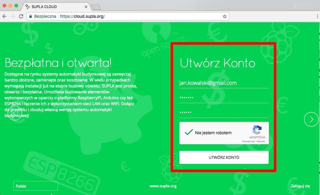 Rejestracja Uruchomienie modułu ROW-01 wymaga posiadania konta na serwerze cloud.supla.org. Jeżeli nie posiadasz jeszcze konta, zarejestruj się wykonując poniższe kroki.