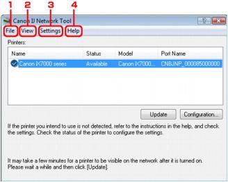 Menu programu Canon IJ Network Tool Strona 464 z 487 Podręcznik zaawansowany > Połączenia sieciowe Informacje > Zmiana i potwierdzanie ustawień sieciowych > Menu programu Canon IJ Network Tool Menu