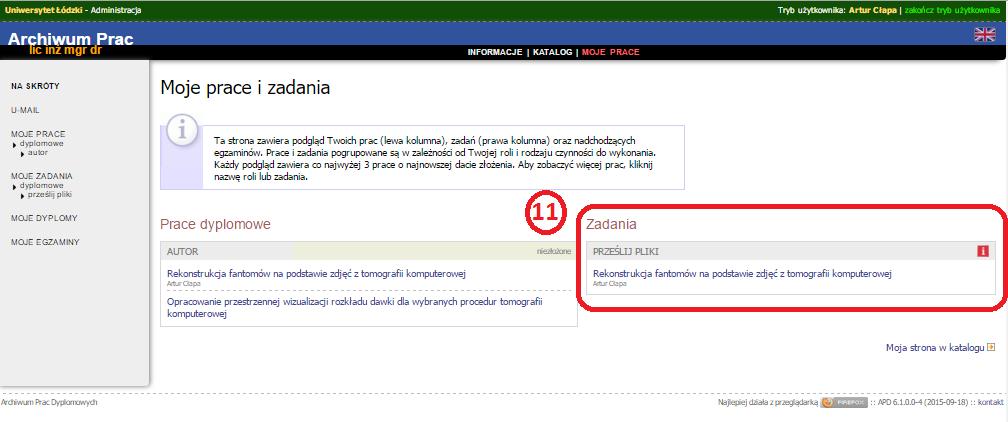 4. APD - Krok 2 pracy - Autor pracy: Przesyłanie plików z pracą System APD po każdym przejściu na kolejny krok Pracy wysyła e-mail z powiadomieniem do użytkownika do którego praca trafia z zadaniem