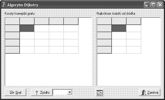 Rozdział 4. Algorytmy grafowe 177 ścieŝek wiodących od r do pozostałych wierzchołków grafu. Rysunek 4.19 przedstawia projekt formularza tej aplikacji.