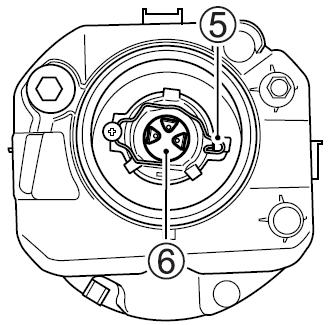 3. Rozłącz kostkę żarówki (3) i zdejmij gumowy kaptur (4). 4. Odepnij sprężynę mocującą (5) i wyjmij żarówkę (6). 5. Montaż nowej żarówki przebiega w odwrotnej kolejności.