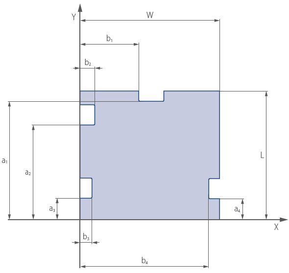 Rys. 20 Parametry rozmieszczenia wycięć na krawędziach danej tafli szkła 2.3.