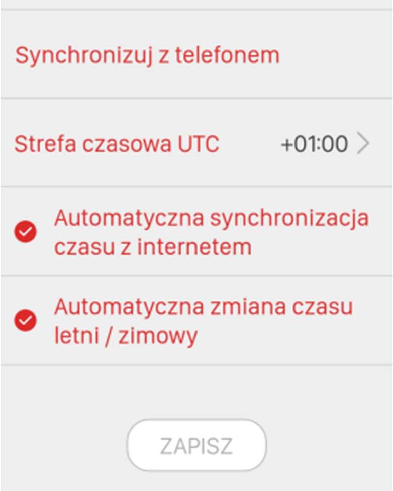 Ustawień dokonuje się w ekranie Data i Czas z poziomu zakładki Ustawienia. Synchronizuj z telefonem Godzinę i datę można ustawić manualnie wypełniając pola Godzina i Data.