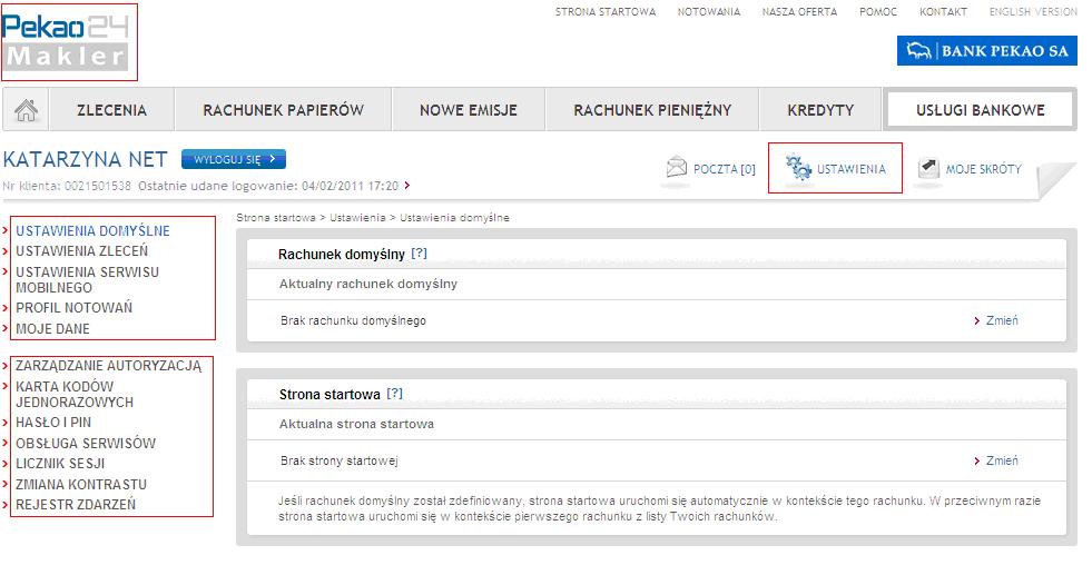3. USTAWIENIA W zakładce USTAWIENIA dostępnej z poziomu serwisu Pekao24Makler (Rys.