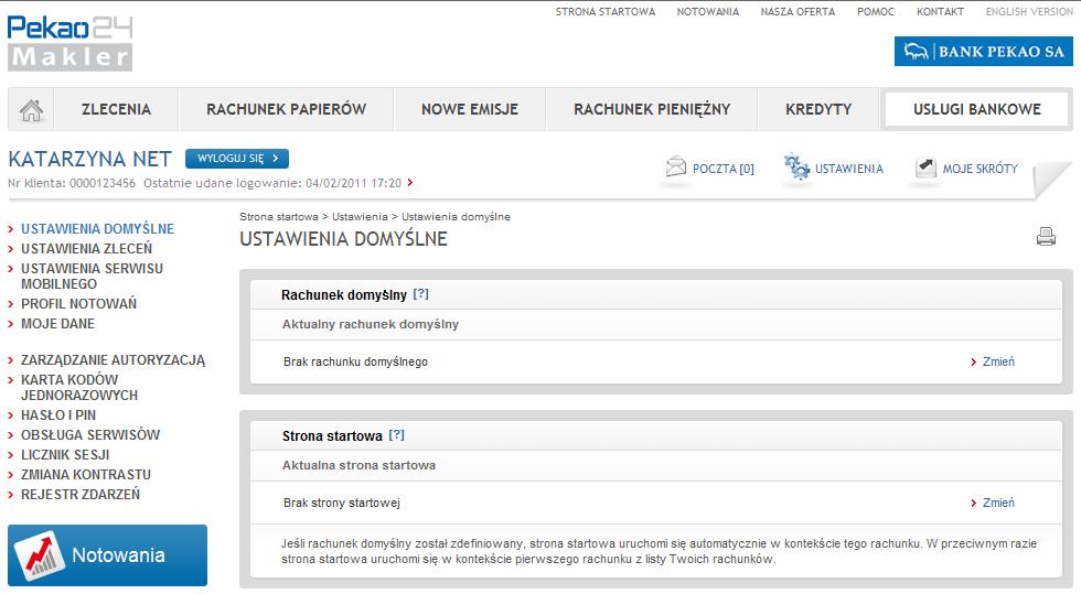 Rys. 2. Ustawienia domyślne. W sekcji Rachunek domyślny moŝna zdefiniować lub zmienić rachunek inwestycyjny wskazany jako domyślny.