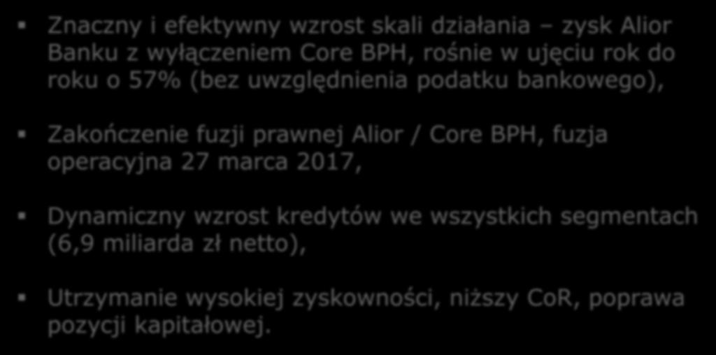 HIGHLIGHTS Wyniki Alior Banku oraz realizacja połączenia zgodnie z planem.