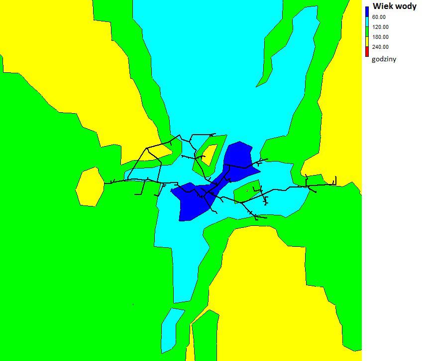 Najwyższą wartość czasu zatrzymania wody charakteryzują się węzły we wschodniej i zachodniej części systemu, najdalej położone od ujęcia. Czas zatrzymania wody wynosi tam powyżej 104 godzin.