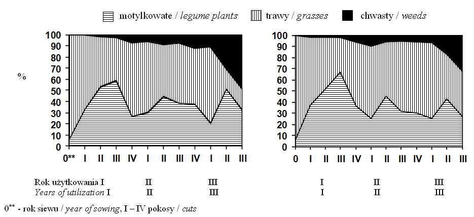 W drugim roku użytkowania doszło do znacznego obniżenia udziału roślin motylkowatych w runi, a największy spadek dotyczył mieszanki koniczyny białej i koniczyny łąkowej z trawami (mieszanka 1) oraz