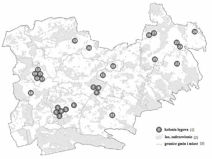 42 Kulon 19 (2014) Ryc. 1. Rozmieszczenie kolonii lęgowych gawrona Corvus frugilegus w powiecie wołomińskim w latach 2012-2013. Numeracja kolonii lęgowych zgodna z tabelą 1 Fig. 1. Distribution of breeding colonies of the Rook Corvus frugilegus in the Wołomin county in 2012-2013.