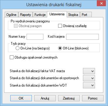 określenie trybu pracy drukarki. Rys. 51 Ustawienia drukarki fiskalnej - Zakładka Ustawienia.