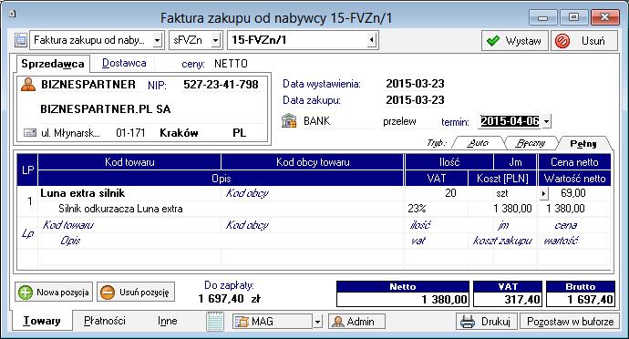 Faktura wystawiana przez nabywcę w imieniu sprzedawcy jest dokumentem rejestrowanym od razu w kartotece zakupu.