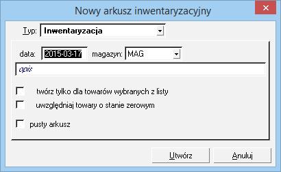 użytkownika, który arkusz utworzył. Przycisk Nowy otwiera okno Nowy arkusz inwentaryzacyjny, przycisk Usuń usuwa bieżący arkusz.