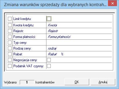 Negocjacja ceny Określa wartość parametru negocjacji ceny. Podatnik VAT czynny Określa czy kontrahent jest płatnikiem VAT-u, czy nie.