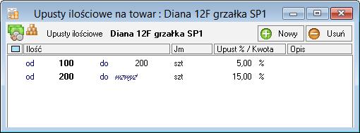 Rys. 126 Okno definiowania upustów ilościowych. 10.4.9.3 Kody obce Polecenie to umożliwia rejestrację, aktualizację i usuwanie kodów obcych konkretnego towaru.