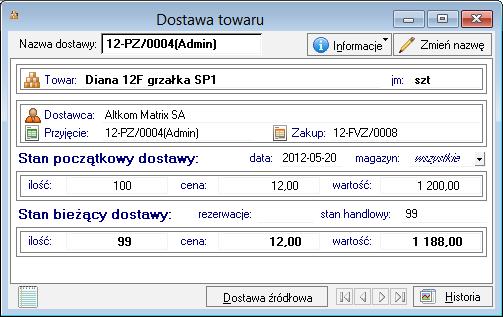 cy, numery dokumentu przyjęcia i dokumentu zakupu, oraz dane opisujące początkowy i bieżący stan dostawy: ilość, cenę i wartość.