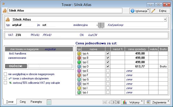 Dane towarów są zgrupowane w kartotece Towary.
