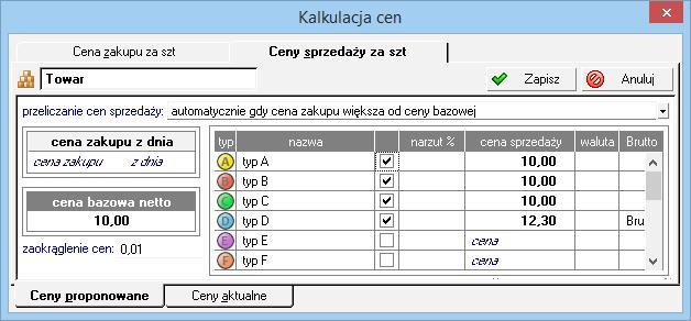 o cena zakupu i cena bazowa nie są uzgadniane, o automatycznie przy każdej zmianie ceny zakupu, o automatycznie gdy cena zakupu większa od ceny bazowej, o ręcznie przy każdej zmianie ceny zakupu, o