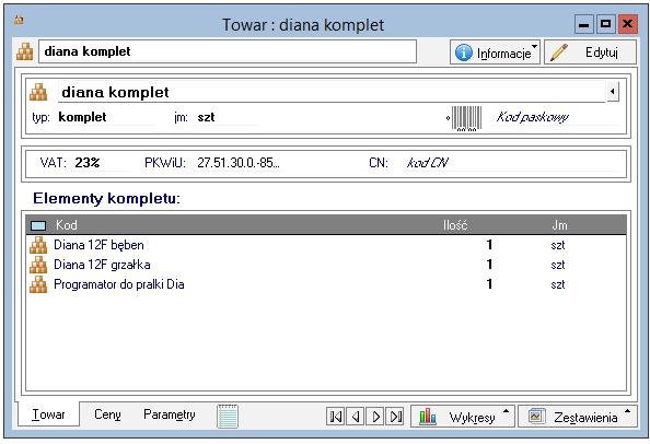 4.2.1.3 Typ Komplet Towar typu komplet jest towarem złożonym, definiowanym poprzez listę tworzących go innych towarów. Rys. 14 Towar typu komplet, strona Towar.