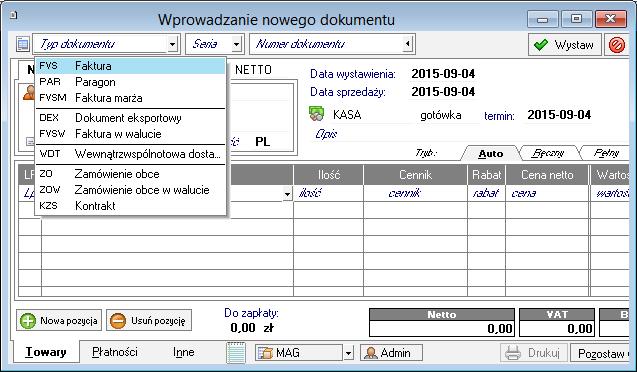 Rys. 22 Okno wystawiania dokumentu sprzedaży z widoczną listą wyboru typów dokumentów. 4.3.