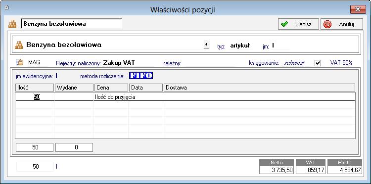 Rys. 27 Okno Właściwości pozycji dokumentu zakupowego.