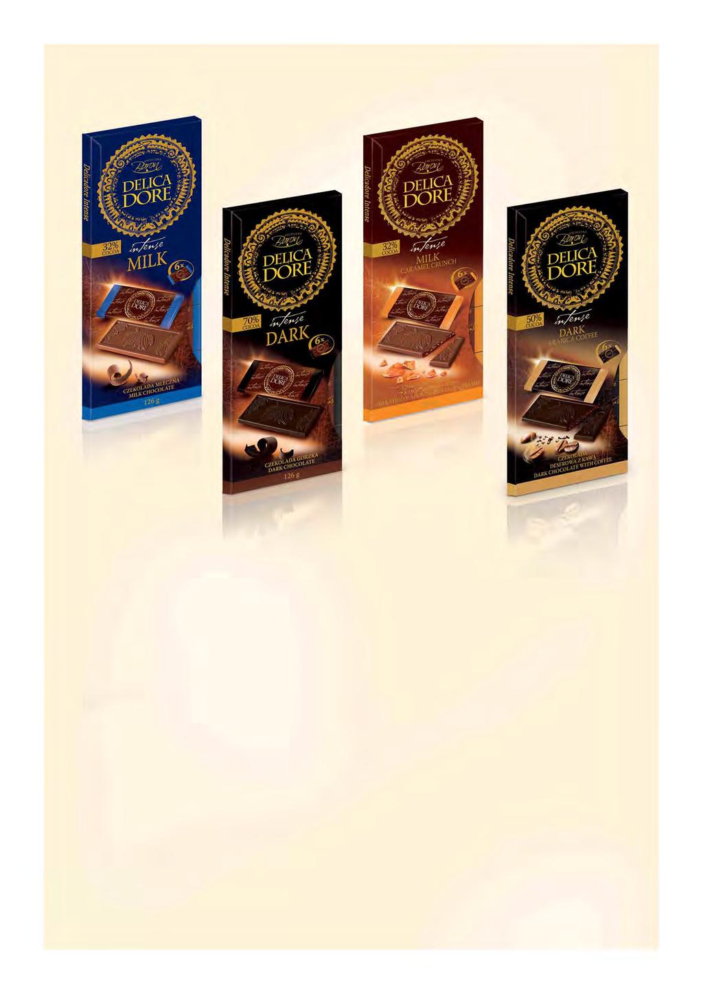 70% kakao Intensywne czekoladowe doświadczenie ukryte w 6 małych tabliczkach o smakach: czekolady mlecznej, ciemnej czekolady 70% kakao, czekolady mlecznej z chrupiącymi kawałkami toffi i ciemnej