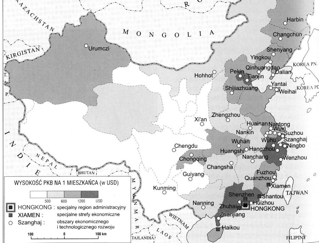Rysunek 4. Specjalne strefy ekonomiczne, obszary ekonomicznego i technologicznego rozwoju oraz wysokość PKB na mieszkańca Źródło: Popularna Encyklopedia Powszechna, Oficyna Wydawnicza, Kraków 2000, s.