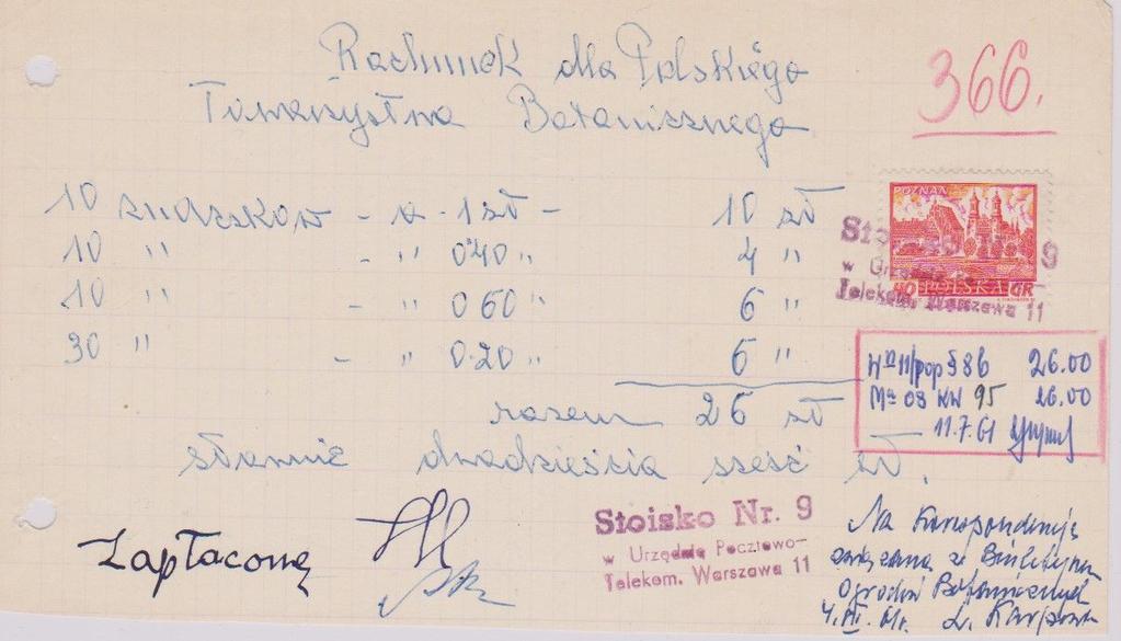 Ilustracja 2.5 Rachunek z dn. 4.07.1961 dla P.T. Botanicznego (jw.), na kwotę 26zł.