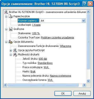 3. Sterownik i oprogramowanie Opcje zaawansowane 3 1 2 3 a Wybierz opcje Rozmiar papieru i Liczba kopii (1). b Wybierz ustawienia dla Skalowanie i Czcionka TrueType (2).