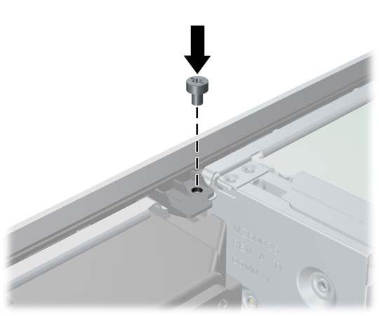 9. Umieść śrubę zabezpieczającą obok środkowego zatrzasku pokrywy przedniej, aby dodatkowo zabezpieczyć pokrywę przednią. Rysunek C-8 Instalowanie śruby zabezpieczającej pokrywę przednią 10.