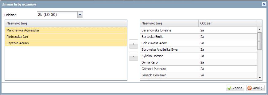 lekcji: Analogicznie jak w poprzednim ćwiczeniu zmienić listę uczniów dodając
