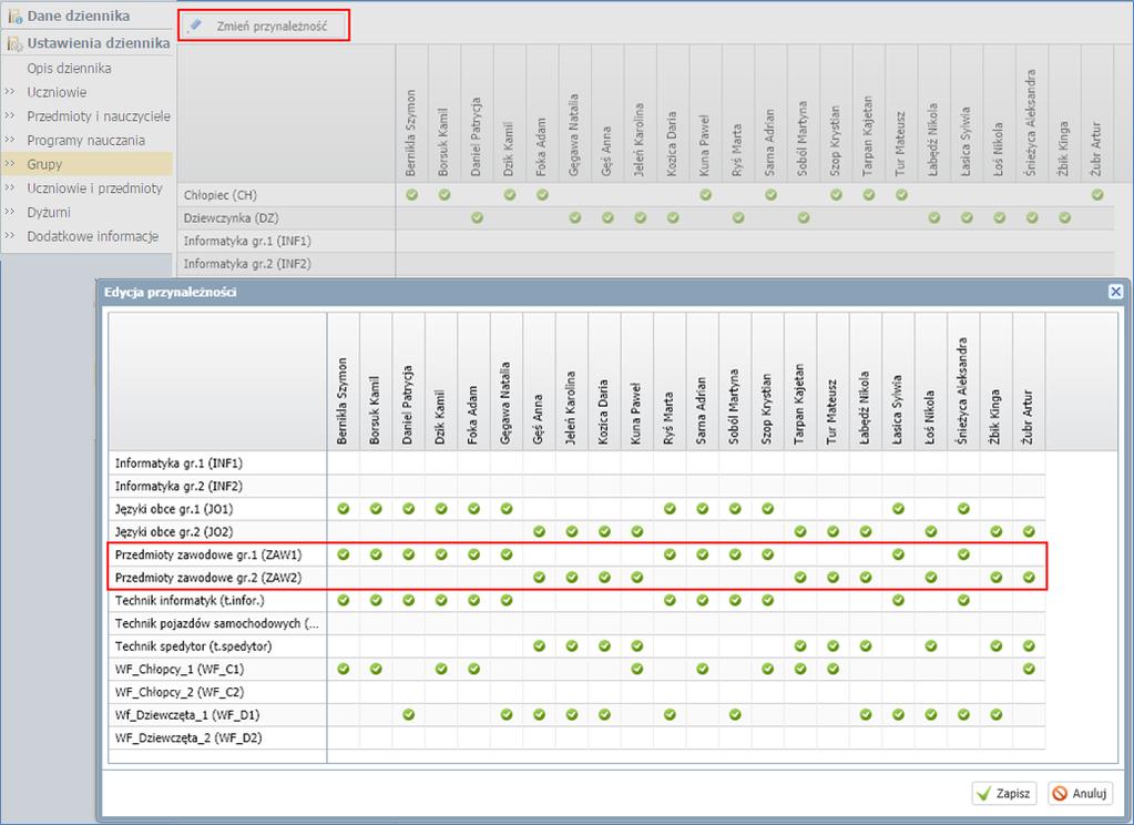 Korzystanie z dziennika w sytuacjach złożonych Jeśli zajęcia z jednostek modułowych odbywają się w podziale na grupy, to przypisz do tych grup uczniów (na stronie Grupy dziennika skorzystaj z