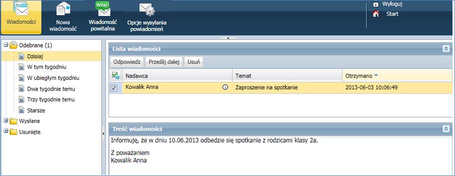 jednym z kafelków. Wiadomości nieprzeczytane są oznaczone na liście wiadomości pogrubioną czcionką.