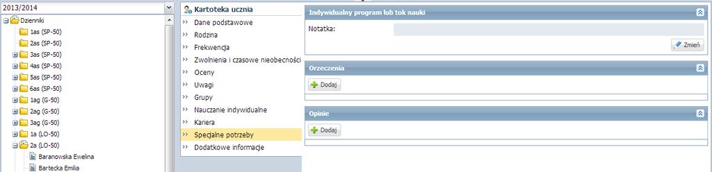 Wychowawca może dokonać edycji danych w kartotece ucznia za pomocą przycisku Zmień.