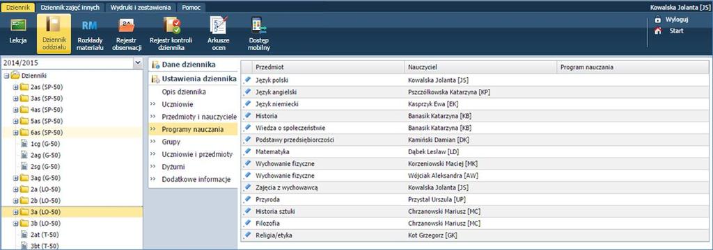 Uzupełnianie programu nauczania Programy nauczania może wpisać dla wszystkich przedmiotów wychowawca lub każdy nauczyciel dla przedmiotu, którego uczy.