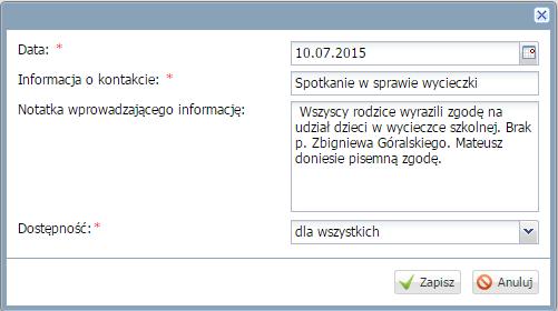 rodzicami, która będzie widoczna tylko dla niego lub dla wszystkich nauczycieli.