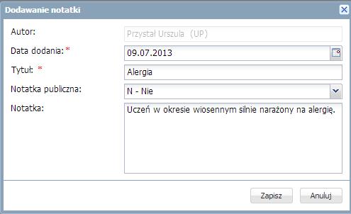 Korzystanie z dziennika oddziału Wprowadzanie dodatkowych informacji o uczniu Wprowadzanie dodatkowych informacji dokonuje się w widoku Kartoteka ucznia, na karcie Dodatkowe informacje.