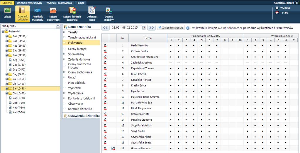 Korzystanie z dziennika oddziału Widok Frekwencja Wychowawca ma możliwość zmiany wpisów frekwencji na wszystkich lekcjach swojego oddziału.