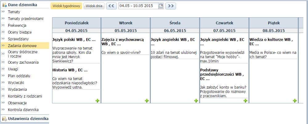 Korzystanie z dziennika oddziału Widok Zadania domowe, w którym wyświetlane są zadania domowe z wszystkich zdefiniowane dla