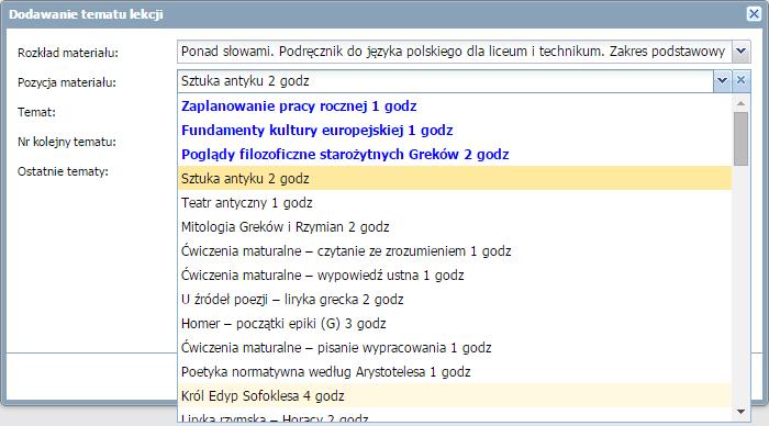 W sytuacji, gdy w drzewie danych nie ma informacji przy danej godzinie lekcyjnej użytkownik powinien zwrócić uwagę dodatkowo na wypełnienie pól: Grupa oraz Przedmiot.