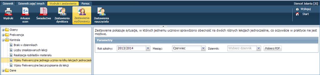 Wychowawca ma możliwość sprawdzenia czy uczniowi wpisano obecność na dwóch lekcjach jednocześnie.