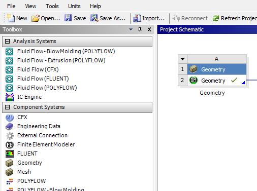 - wymagane jest odświeżenie projektu (Refresh Project) Wykonanie geometrii Po otwarciu ANSYS Workbench, z lewego menu przeciągnąć ikonę Geometry do okna Projektu.