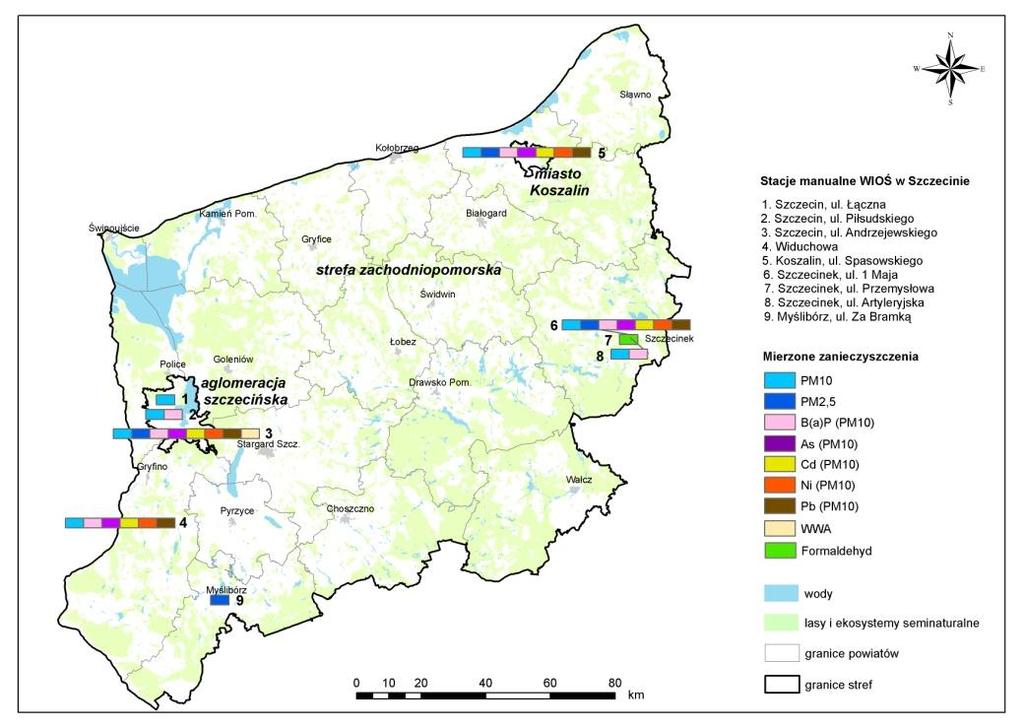Mapa I.3 Lokalizacja manualnych stanowisk pomiarowych zanieczyszczeń powietrza, funkcjonujących w województwie zachodniopomorskim w 211 r.