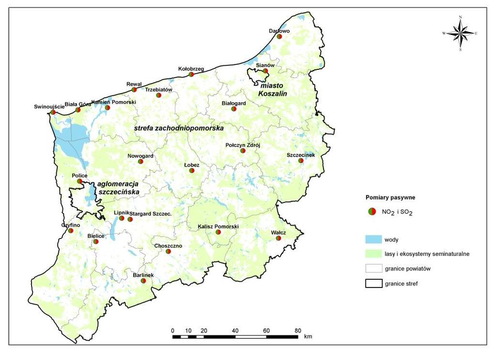 Mapa I.4 Lokalizacja pomiarów pasywnych SO 2 i NO 2 w województwie zachodniopomorskim dla potrzeb oceny jakości powietrza za 211 r.