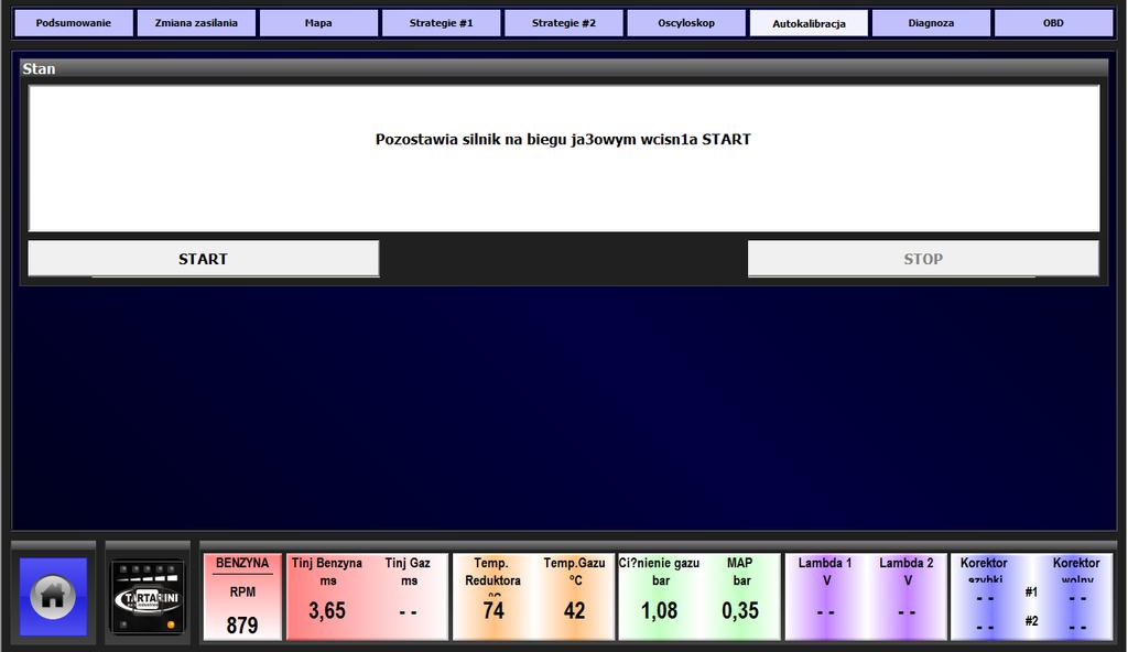 Str 17 AUTOKALIBRACJA KOMUNIKATY WYŚWIETLANE PRZEZ OPROGRAMOWANIE PRZYCISK START ROZPOCZYNAJĄCY PROCES AUTOKALIBRACJI INFORMACJA O WARTOŚCI KOREKTORA SZYBKIEGO I WOLNEGO PRZYCISK POWROTU DO MENU