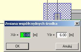 Zmiana współrzędnych środka. Po wybraniu tej opcji pojawi się następujące okno: W oknach edycyjnych należy wpisać nowe współrzędne środka ciężkości fundamentu.