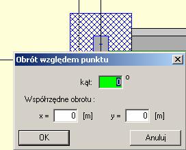 W oknie użytkownik powinien zdefiniować następujące wielkości: Kąt: 0 [P P] Kąt obrotu fundamentu. X: Współrzędna X punktu środka obrotu. Y: Współrzędna Y punktu środka obrotu. Kopiuj do punktu.