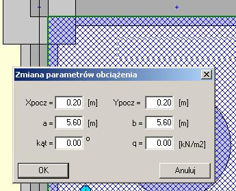 Poszczególne okna edycyjne mają następujące znaczenia: X POCZ Y POCZ a: b: Współrzędna X punktu przyłożenia obciążenia (lewy dolny narożnik).