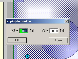 W oknie użytkownik powinien zdefiniować następujące wielkości: Kąt: [ 0 ] Kąt obrotu fundamentu. X: Współrzędna X punktu środka obrotu. Y: Współrzędna Y punktu środka obrotu. Kopiuj do punktu.